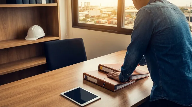Payroll binders and a hard hat on a desk, Ohio BWC Workers' Compensation