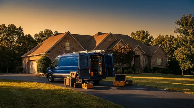 Service van and equipment outside a suburban home, How to Start a Drone Services Business in Ohio