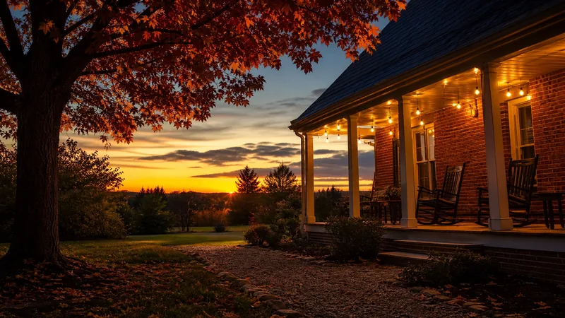 Brick guesthouse porch with rocking chairs at sunset, Cleveland Short-Term Rental License